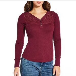 Lucky Brand Lace and Knit Henley Windsor Wine Size Large